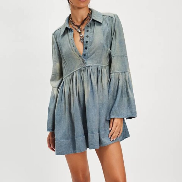 We The Free Down East Denim Mini Dress - Color: True Blue - Picture 2 of 4